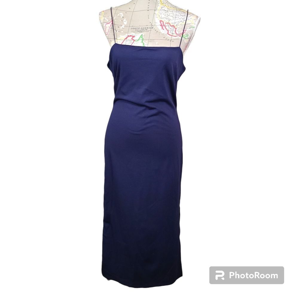 Dee Elly Size Large Navy Blue Spaghetti Strap Squareneck Slit Hem Midi Dress NWT